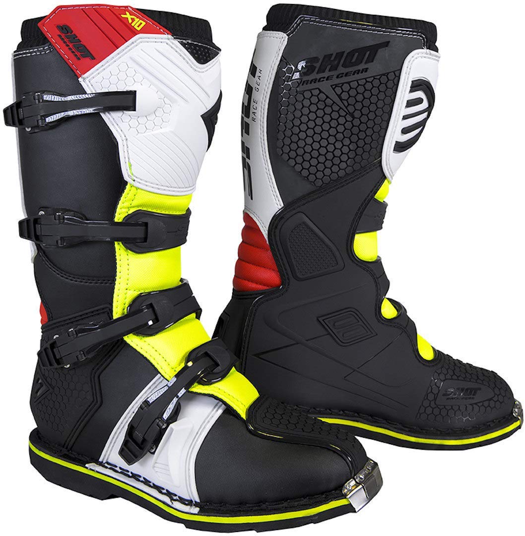 Shot X10 2.0 Motocross MX Boots Black Red White Yellow